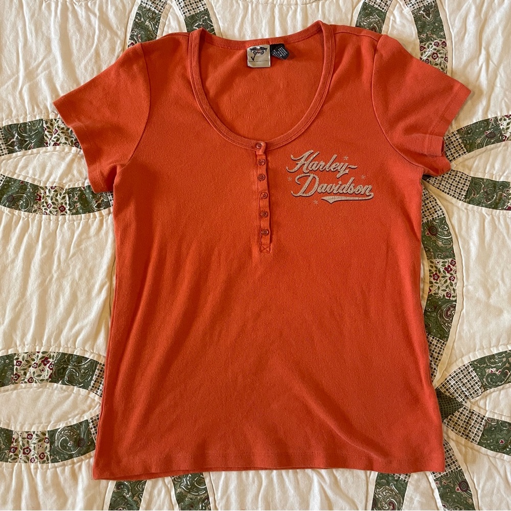 Harley Davidson Bright Orange Short-Sleeve Henley Tee Women’s Size 1W